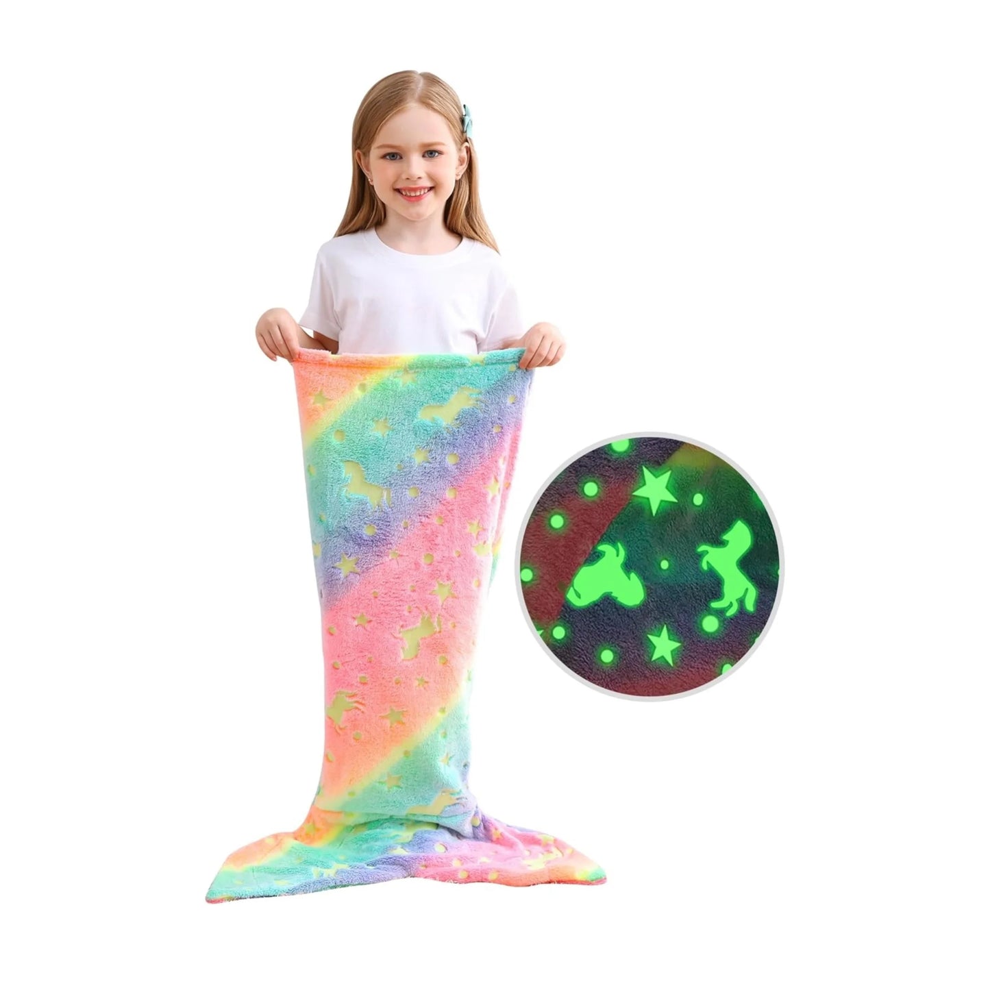 Colorful rainbow mermaid tail blanket featuring unicorn and star patterns for kids