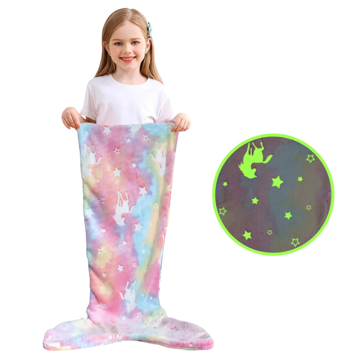 Colorful rainbow mermaid tail blanket for kids featuring a soft and cozy design