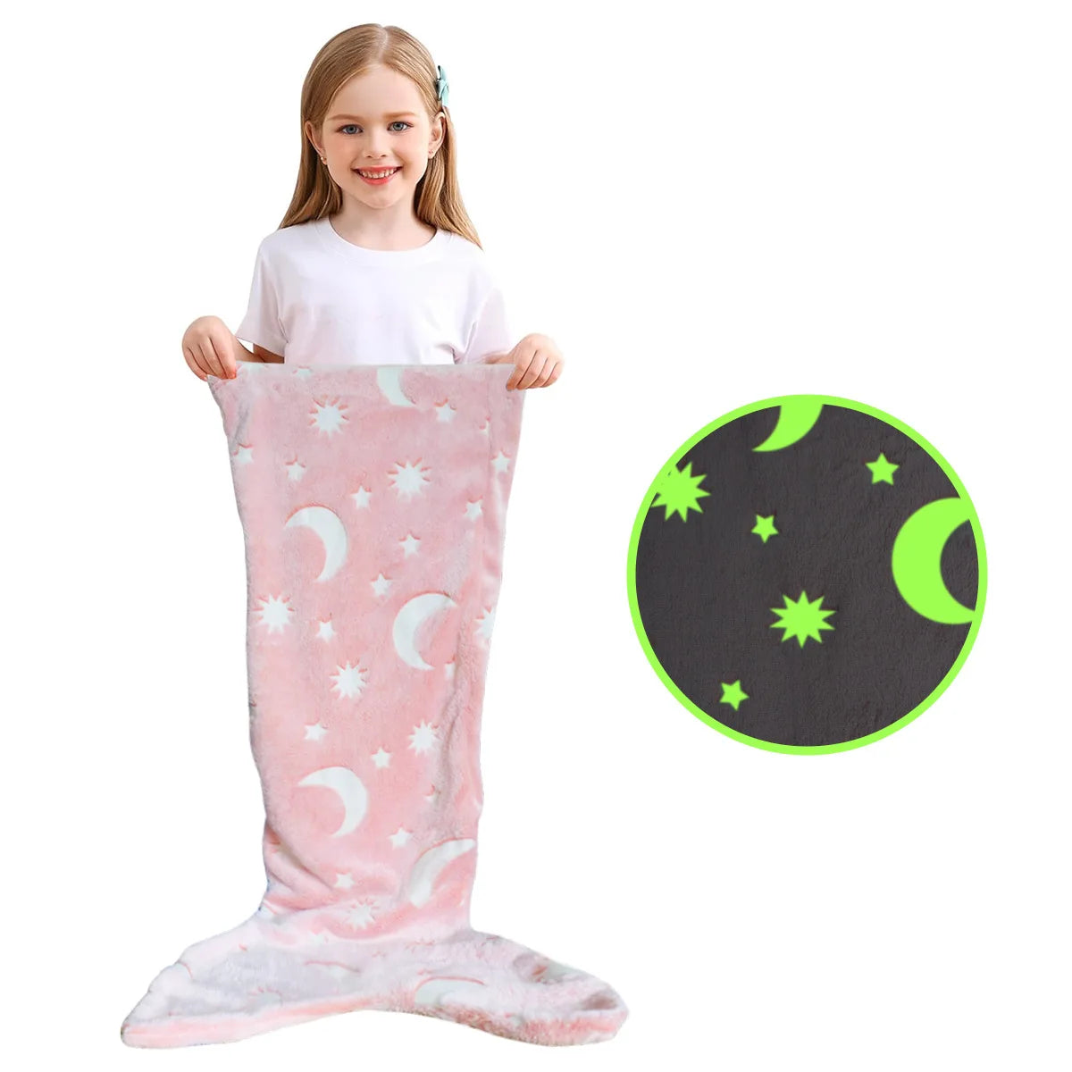 Cozy rainbow mermaid tail blanket in pink for kids with moon and star design