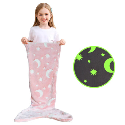 Cozy rainbow mermaid tail blanket in pink for kids with moon and star design