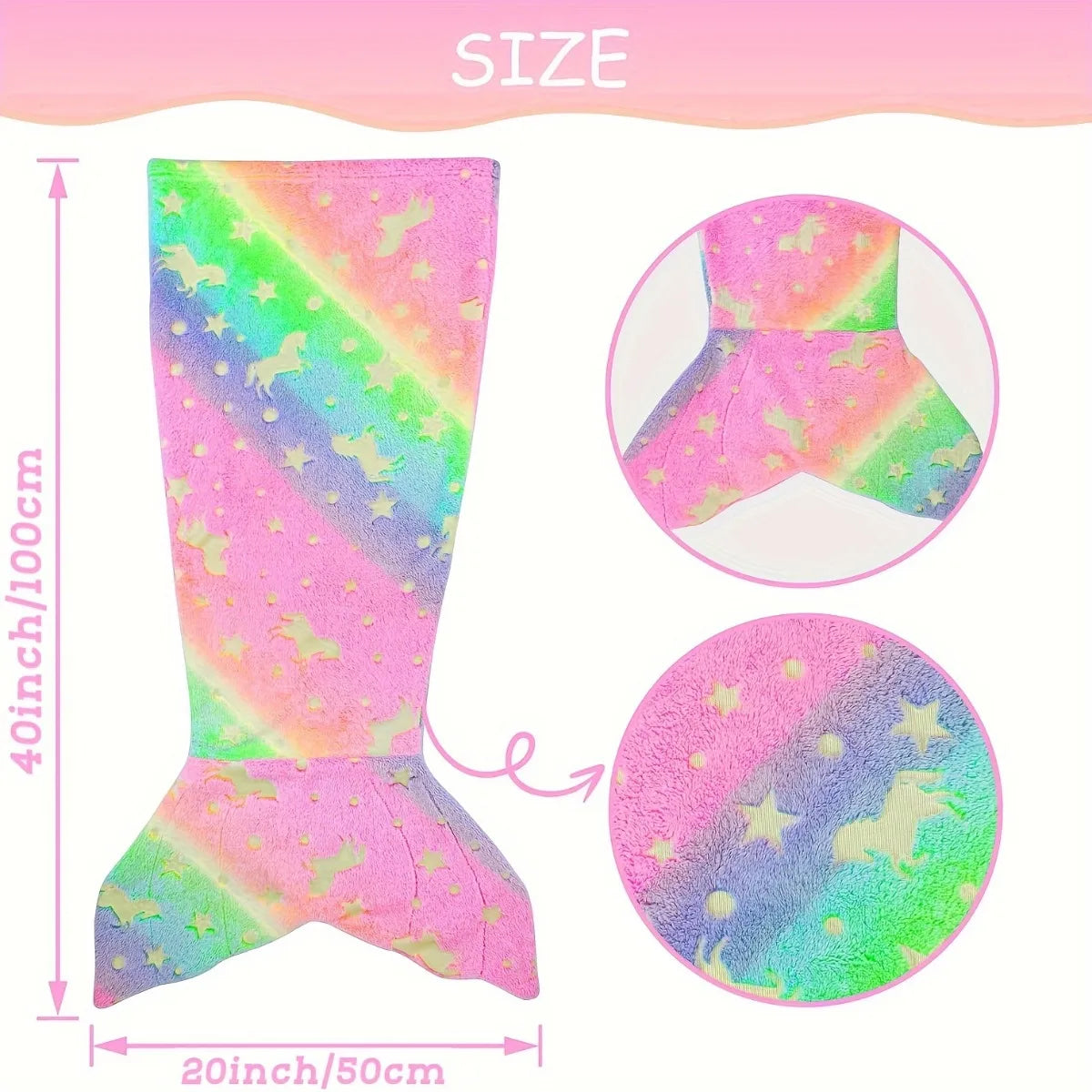 Rainbow mermaid tail blanket in pastel colors, featuring unicorns and stars, perfect for cozy lounging