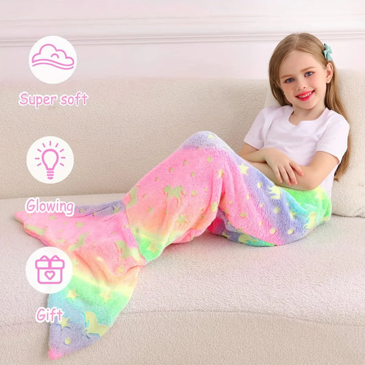 Cozy rainbow mermaid tail blanket for kids, perfect gift for comfort and fun at home
