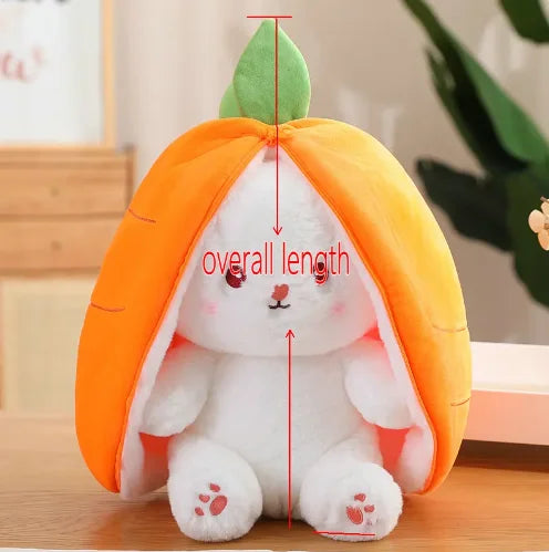 Reversible bunny plush toy in orange carrot design, showcasing its playful features and soft texture