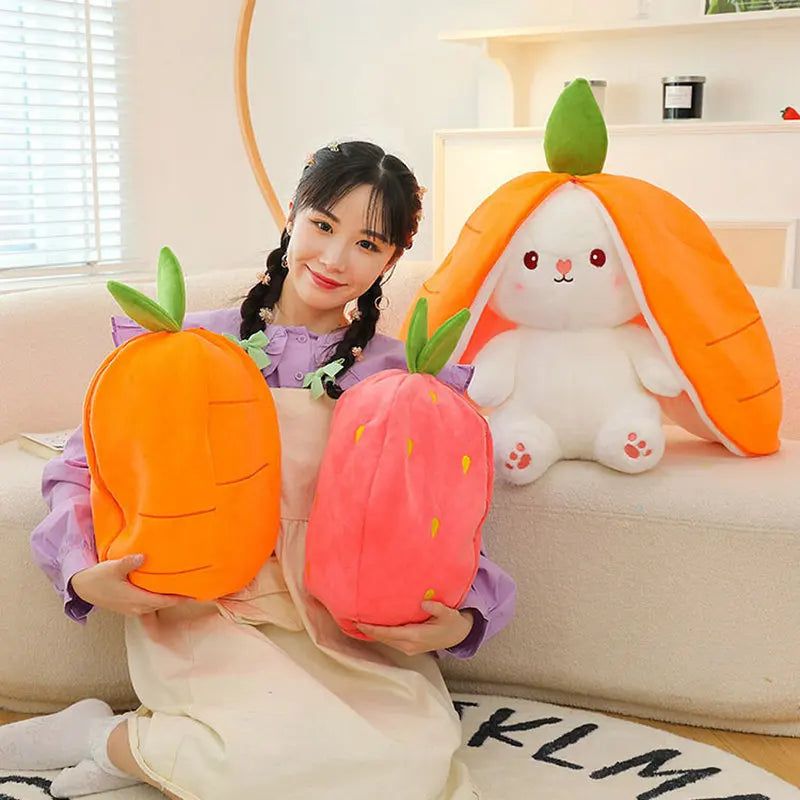 Reversible bunny plush toy with carrot design, perfect for cuddling and playtime.