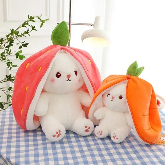 Adorable reversible bunny plushie in strawberry and carrot design for imaginative play