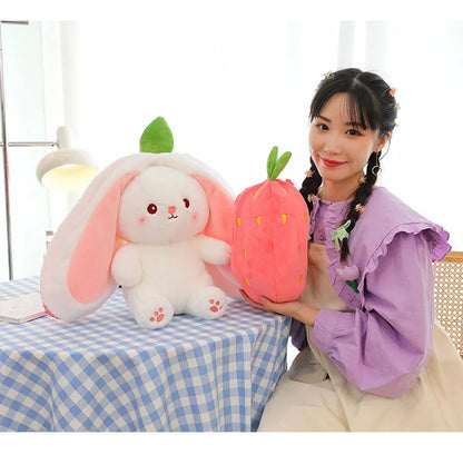 Reversible bunny plushie in pink and white design with a cute carrot plush for kids and collectors