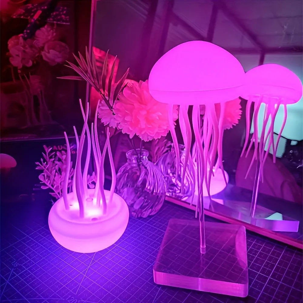 Colorful sensory jellyfish night light illuminating a calm space with a soft glow and decorative plants