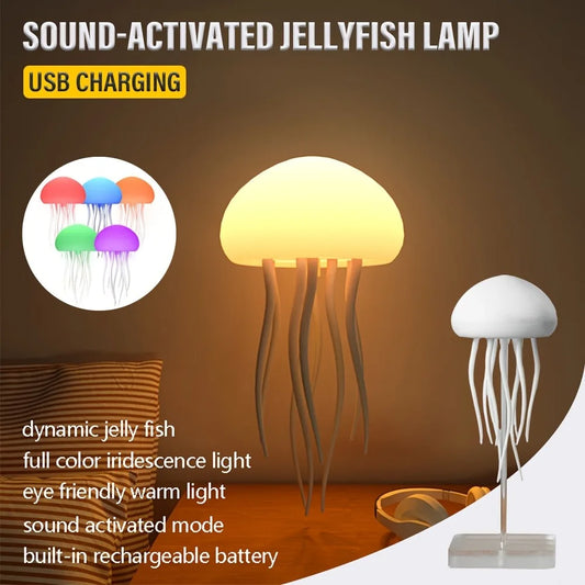 Colorful sound-activated jellyfish night light with USB charging and built-in rechargeable battery