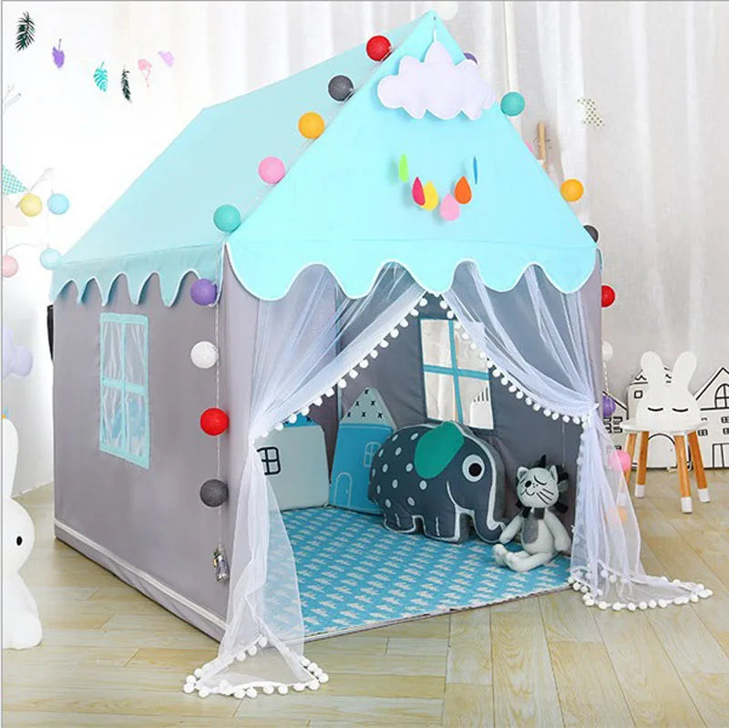 ActivePlaythings small house play tent in blue and gray with playful decorations and a cozy interior for kids