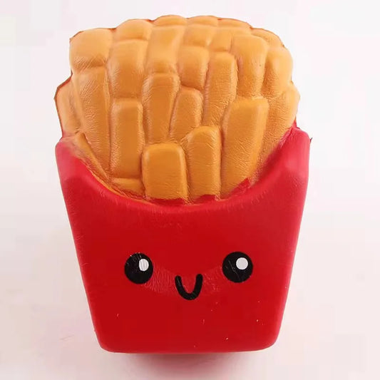 Cute french fries squishy toy in red packaging with a happy face for stress relief