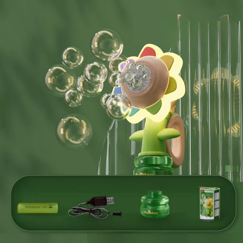 Active Playthings flower bubble machine for kids in sunflower design with bubbles USB charger and bubble solution