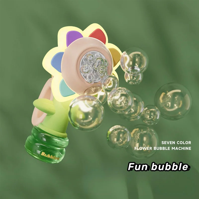 Active Playthings colorful flower bubble machine for kids handheld with green solution bottle blowing bubbles