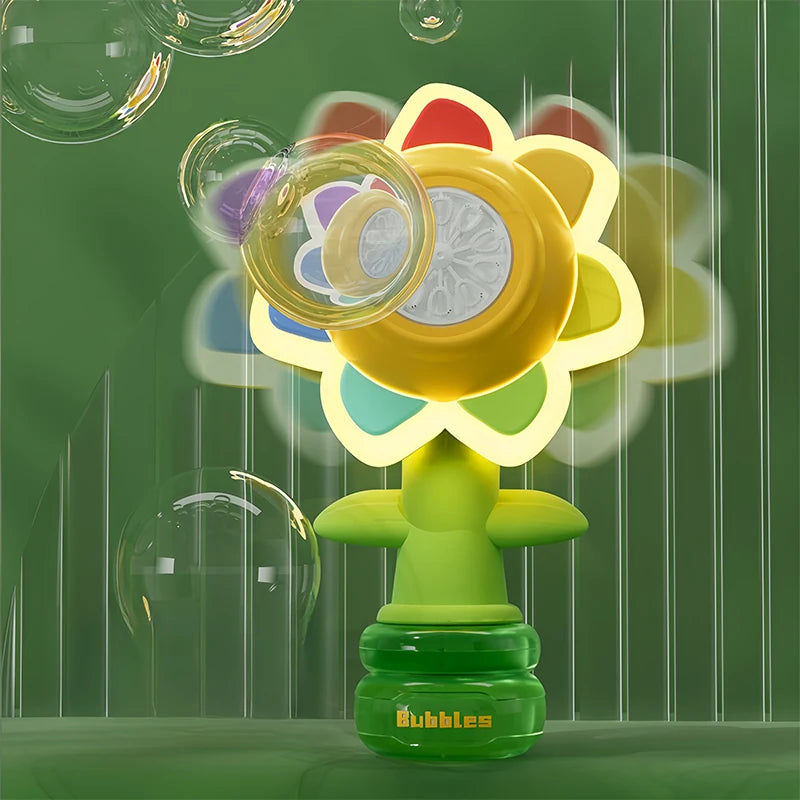 Active Playthings colorful flower bubble machine for kids with green stem base and multicolor petals blowing bubbles