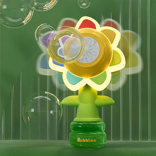 Active Playthings colorful flower bubble machine for kids with green stem base and multicolor petals blowing bubbles