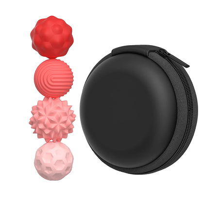 Set of tactile stress relief toys in red and pink with a black carrying case for on-the-go relaxation