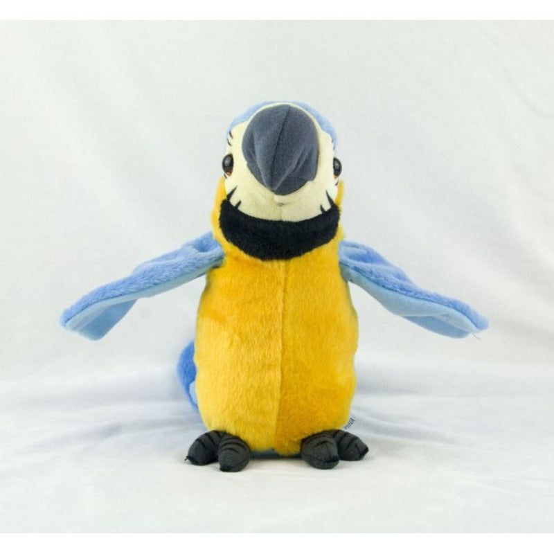Talking macaw parrot toy in blue and yellow plush design, perfect for interactive playtime.