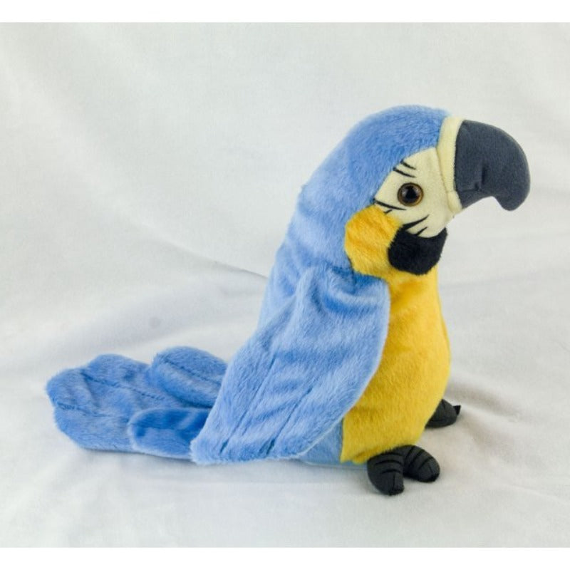 Talking macaw parrot toy with blue and yellow plush fabric for interactive play and fun conversations
