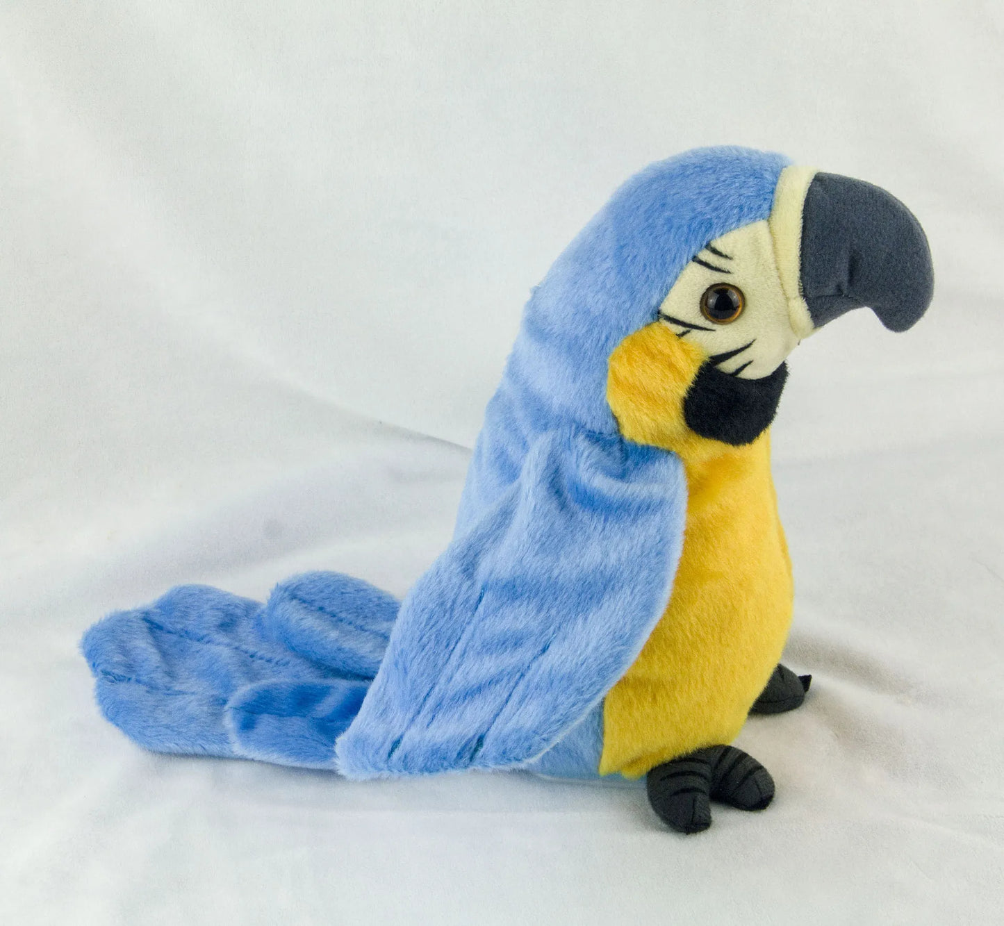 Talking macaw parrot toy plush in blue and yellow with realistic features for playful interactions