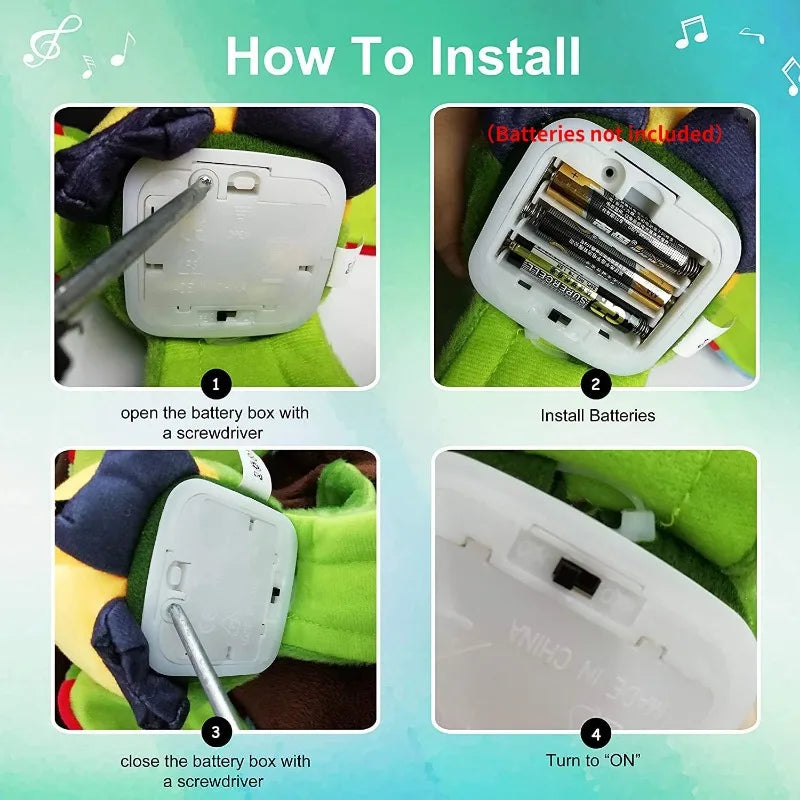 Installation guide for the talking macaw parrot toy with step-by-step battery setup instructions
