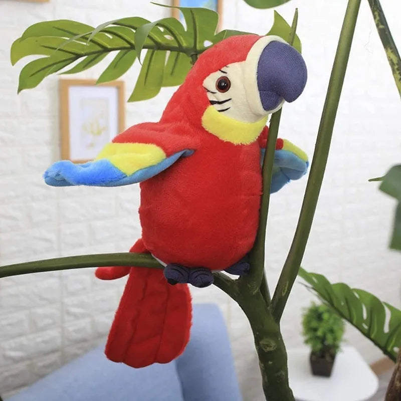 Brightly colored talking macaw parrot toy perched on a tree branch for interactive play