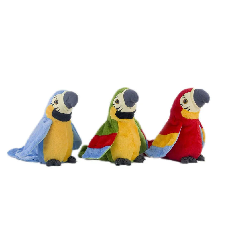 Colorful talking macaw parrot toy set with blue, green, and red plush designs for interactive play