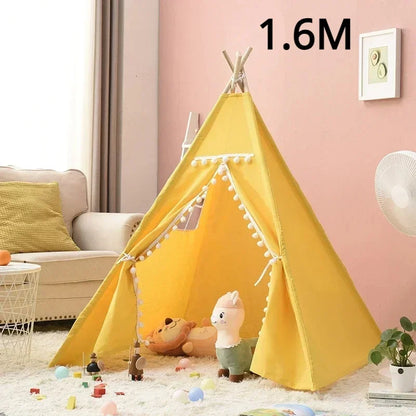 ActivePlaythings teepee play tent for children in sunny yellow with decorative pom-poms and playful stuffed animals