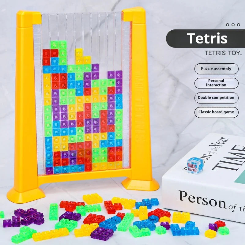 Colorful Tetris blocks puzzle board game displayed with pieces scattered around for interactive play