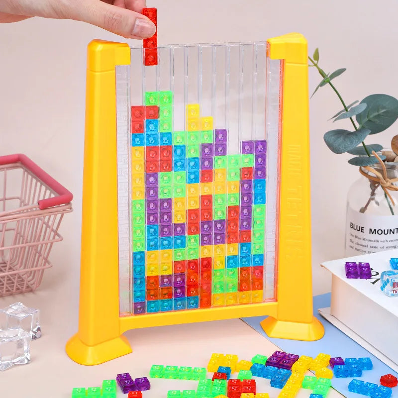Active Playthings Tetris blocks puzzle board game with colorful transparent blocks arranged on a game board