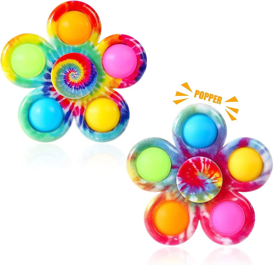 Colorful tie dye fidget spinner with poppers in flower shape, ideal for stress relief and sensory play