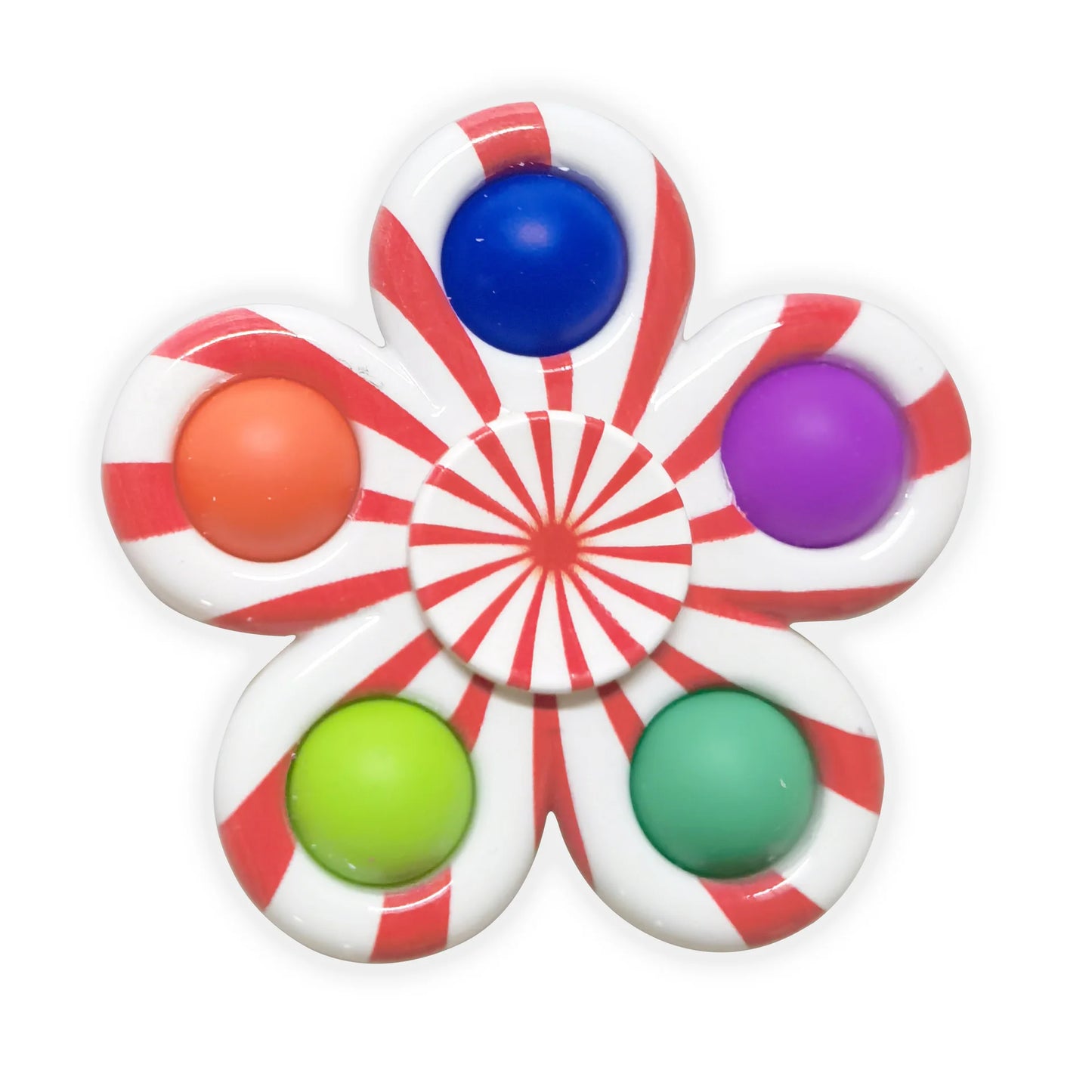 Colorful tie dye fidget spinner in a flower shape with vibrant buttons for stress relief and sensory play