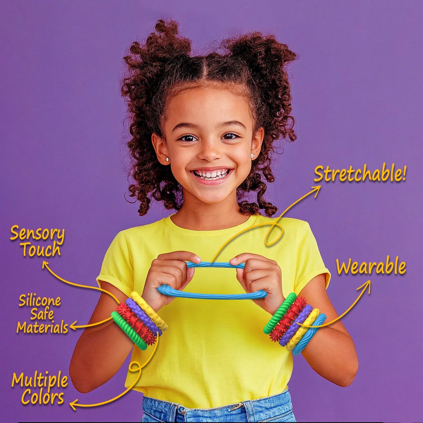 Girl wearing colorful stretchable sensory bracelet for anxiety with silicone safe materials and multiple colors