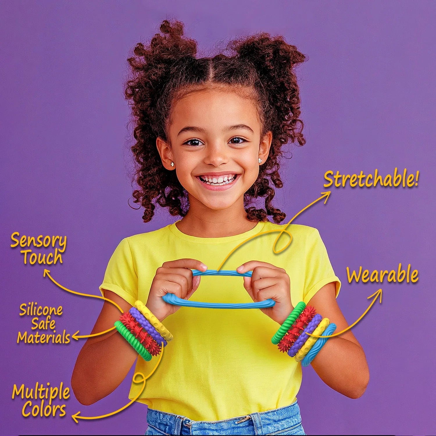 Girl wearing colorful stretchable sensory bracelet for anxiety with silicone safe materials and multiple colors