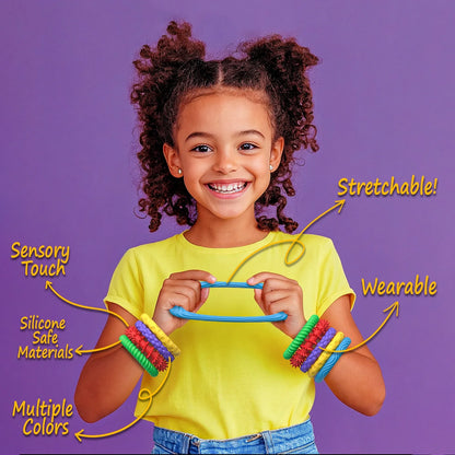 Girl wearing colorful stretchable sensory bracelet for anxiety with silicone safe materials and multiple colors