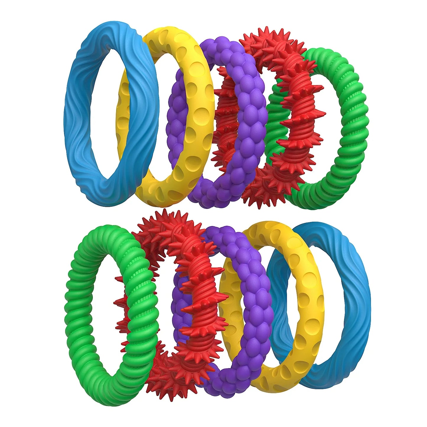 Colorful sensory bracelet for anxiety set featuring textured rings in blue, yellow, purple, red, and green