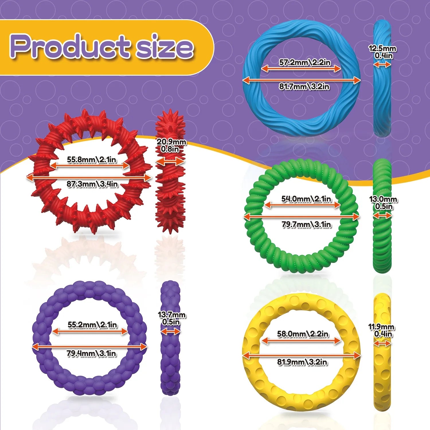 Active Playthings sensory bracelet for anxiety in blue, red, green, purple, and yellow with size dimensions