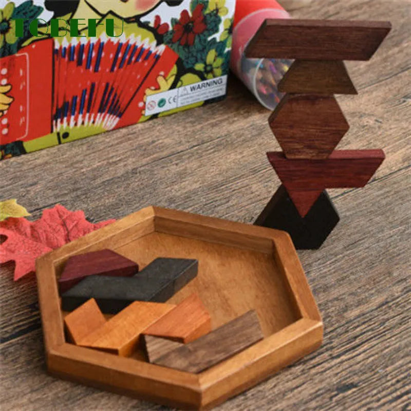 Colorful wooden geometric puzzle set with various pieces for hands-on learning and play