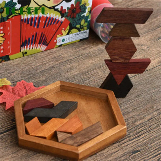 Colorful wooden geometric puzzle set with various pieces for hands-on learning and play