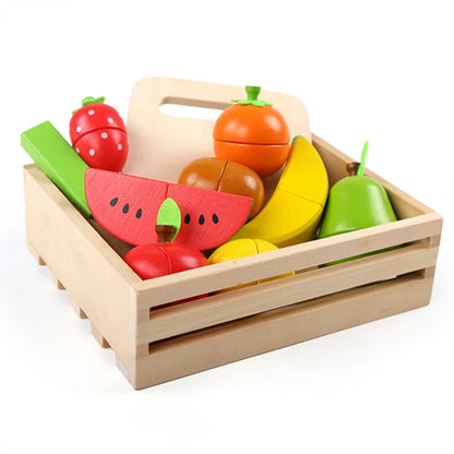 Colorful wooden play kitchen toys set in a wooden crate, featuring fruits and vegetables for imaginative play