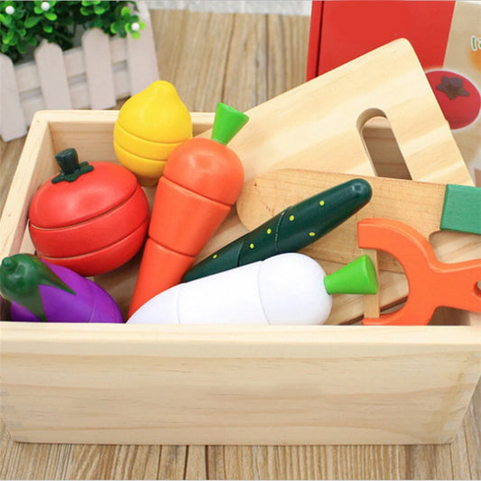Colorful wooden play kitchen toys in a storage box for imaginative cooking and role play