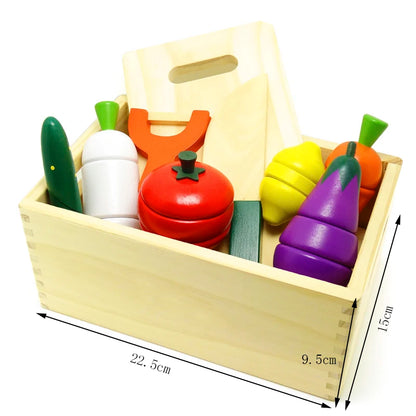 Wooden play kitchen toys set with colorful vegetables in a wooden storage box for creative play