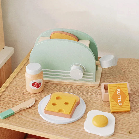 Wooden toaster play set with colorful bread, butter, and egg for imaginative kitchen fun
